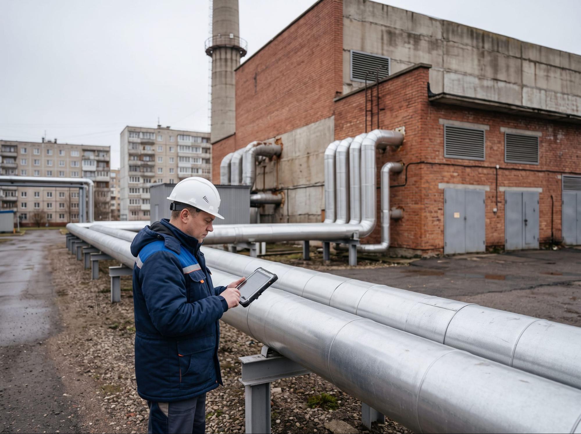 Инженер у теплотрассы районной газовой котельной