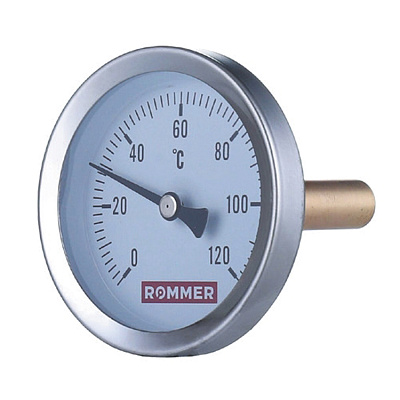 Термометр Rommer биметаллический с погружной гильзой (75 мм), 100 мм, 0...120, 1/2 Термометр Rommer биметаллический с погружной гильзой (75 мм), 100 мм, 0...120, 1/2