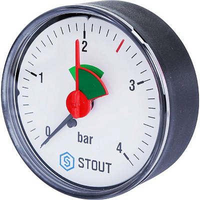 Манометр Stout аксиальный, 4 бар, 63 мм, 1/4, с указателем предела Манометр Stout аксиальный, 4 бар, 63 мм, 1/4, с указателем предела