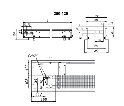 Внутрипольный конвектор с вентилятором Techno KVZV 250-120-2200