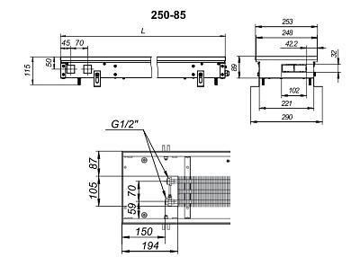 Внутрипольный конвектор с естественной конвекцией Techno KVZ 250-85-3000