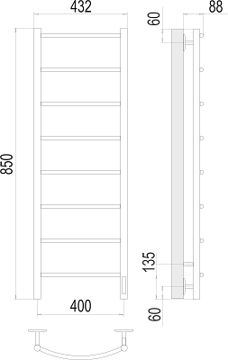 Электрический полотенцесушитель Terminus Классик П8 400х850 Электро (quick touch) Блок управления слева