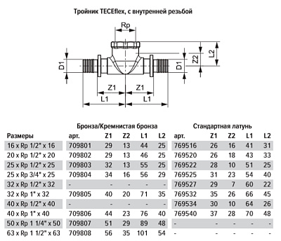 Тройник TECE TECEflex 90 гр, с внутренней резьбой, 32 х 1 2 х 32, латунь, внутренняя резьба